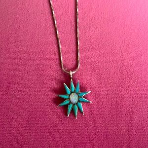 Sterling Silver Zuni Sleeping Beauty Opal + Turquoise Star-bust Pendant + Chain
